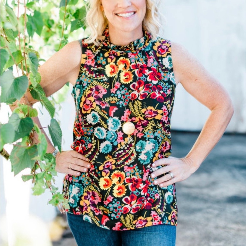 LOFT Ruffle Halter Neck Vibrant Floral Sleeveless Top Blouse Women’s Size S